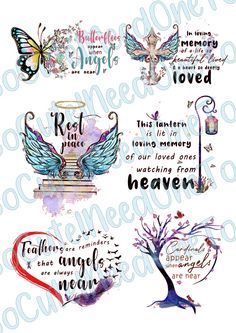 four different watercolor designs with words and images on the bottom, one has an image of