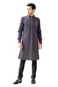 Grey kurta embellished with brooch and beads hand embroidery. - Aza Fashions Designer Embellished Kurta For Eid, Traditional Embellished Kurta For Ceremonial Occasions, Beads Hand Embroidery, Grey Kurta, Grey Beads, Aza Fashion, Hand Embroidered, Hand Embroidery, Embroidery