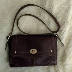 Coach Leather Purse With Wide Strap And Silver Buckles And Clasp. A Plumb Color. Inside My Bag, Bags Coach, Pretty Bags, Coach Leather, Cute Bags, Cute Bag, Wide Straps, Leather Purse, Coach Handbags