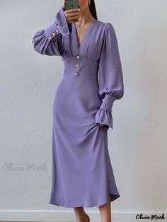 Olivia Mark - Elegant Lantern Sleeve Chiffon Dress with Cinched Waist in Purple - Formal Cocktail Dress Chic Fitted Pleated Chiffon Dress, Chic Pleated Fitted Chiffon Dress, Purple Fitted Chiffon Formal Dress, Formal Fitted Purple Chiffon Dress, Ruched Long Sleeve Chiffon Dress, Purple Fitted Chiffon Dress For Formal Occasions, Chic Fitted Chiffon Midi Dress, Chic Fitted Midi-length Chiffon Dress, Long Sleeve Chiffon Dress With Ruched Details