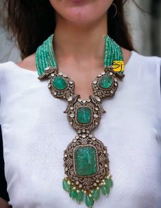 Royal Jewelry Set Sabyasachi Inspired Fine Quality Layered Long Emerald Green Faux Zirconium Polki / Wedding Jewelry Set /Unique Jewels  Elegant and delicate Indian Necklace With Gold Plating. Indian Bridal Kundan set One Gram mathapatti Set. Very Gorgeous and pretty, fine Kundan choker necklace with matching earrings Adjustable length with help of dori (cord) These Necklace has very fine kundan, pearls  Beautiful Top Quality, Indian Jewelry Set, Necklace Kundan Jewelry Set, Looks Beautiful For Green Fusion Style Kundan Necklace For Ceremonial Occasions, Green Fusion Style Kundan Necklace For Reception, Green Fusion Kundan Necklace For Reception, Green Fusion Bridal Necklace For Reception, Green Fusion Kundan Necklace For Weddings, Green Fusion Bridal Necklace With Intricate Design, Royal Jewelry Aesthetic, Festive Green Fusion Bridal Necklace, Green Kundan Jewelry Set