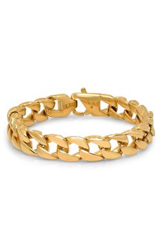 A heavy curb chain bracelet is cast in durable yellow gold plated stainless steel. 18K yellow gold plated stainless steel curb chain bracelet. Lobster clasp. Approx. 8.5" L x 0.4" W. Imported Classic Gold Adjustable Cuban Link Bracelet, Classic Adjustable Gold Cuban Link Bracelet, Gold-tone Curb Chain Bracelets Gold-plated, Gold-tone Curb Chain Bracelets Gold Plated, Gold-tone Curb Chain Bracelet Gold-plated, Gold-tone Curb Chain Bracelet, Gold Plated, Adjustable Gold Cuban Link Bracelet With Curb Chain, Gold Metal Cuban Link Bracelet, Modern Gold Curb Chain Jewelry