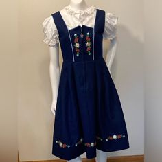 Ernst Licht 2-Piece Dress Set Girls Size 12 Modeled On A Girl’s Mannequin That Is A Standard Size 12 White Button Down Blouse With A Round Neckline And Lace Collar Beautiful Embroidery Perfect Way To Show Off Your German Heritage Pride! Measurements Of Blue Dress That I Got: Length Is About 36” Underarms Laid Flat Is About 16” German Folk Clothing, Size 12 Model, German Dress, German Heritage, Folk Clothing, White Button Down, Lace Collar, Button Down Blouse, Dress Set