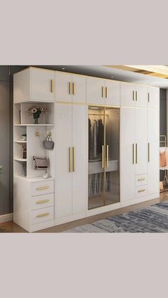 a large white closet with gold handles and drawers in a room that has carpeted flooring