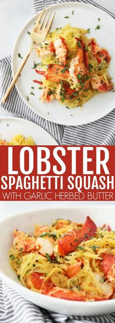 lobster spaghetti with garlic and herb butter in a white bowl on a striped tablecloth