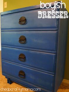 a blue dresser with the words boyish dresser on it's top and bottom