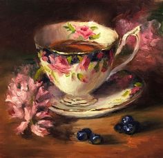 a painting of a cup and saucer with blueberries