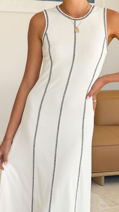 Elevate your style with this White Contrast Seam Maxi Dress. Featuring ribbed stretchy fabric and a relaxed A-line fit, it’s perfect for any occasion. Casual A-line Ribbed Midi Dress, Chic Ribbed Mini Dress, Summer Ribbed Maxi Dress For Date Night, Elegant Ribbed Dress For Day Out, Chic Ribbed Mini Dress For Spring, Chic A-line Ribbed Midi Dress, Casual Ribbed Mini Sleeveless Dress, Casual Ribbed Sleeveless Mini Dress, Spring Striped Ribbed Dresses