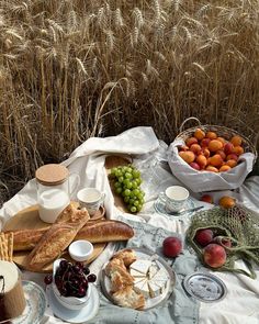 a table topped with bread and fruit on top of a white cloth next to tall grass