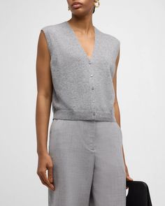 SIMKHAI Rozzi Cashmere Sweater Vest | Neiman Marcus Cashmere Workwear Vest, Sleeveless Cashmere Work Vest, Sleeveless Cashmere Vest For Work, Chic Sleeveless Wool Top, Classic Cashmere Work Vest, Classic Cashmere Vest For Work, Cashmere Tops With Buttons For Work, Casual Wool Sleeveless Vest, Casual Sleeveless Wool Vest