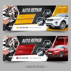 two banners for auto repair with the image of a car