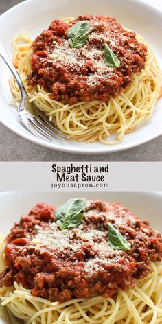 spaghetti and meat sauce in a white bowl with basil leaves on top, two pictures side by side