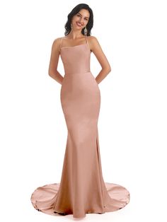 rose-gold|estella Pink Satin Evening Dress With Sweep Train, Pink Satin Evening Dress With Spaghetti Straps, Pink Fitted Satin Bridesmaid Dress, Fitted Pink Satin Bridesmaid Dress, Pink Satin Backless Evening Dress, Satin Gown With Spaghetti Straps, Bridesmaid Evening Dress With Spaghetti Straps In Satin, Satin Bridesmaid Evening Dress, Satin Evening Dress With Spaghetti Straps For Bridesmaid