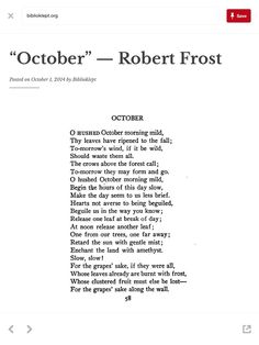 an image of a page with the words october - robert frost