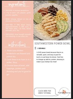 the menu for southwestern power bowl is shown in pink and black colors, with an image of