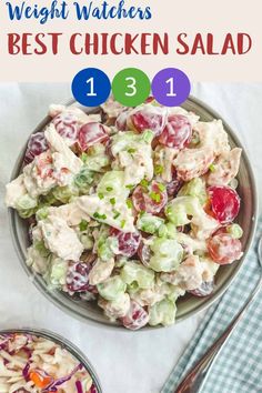 the best chicken salad recipe is shown in two bowls