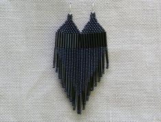 Black Earrings. Dangle Long Earrings. Beaded Fringe Earrings. | Etsy Fashion Beading, Extra Long Earrings, Shoulder Duster Earrings, Beadwork Earrings, Beaded Things, Ombre Earrings, Beaded Fringe Earrings, Beaded Earrings Diy, Native American Earrings