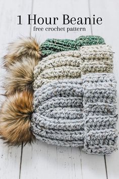 Cozy winter crochet beanie made with super bulky weight yarn and a faux fur pom pomThis pattern is great for beginners and includes stitch tutorials and links to productsPattern by Chrysta Silver at Threadiful.com Things To Crochet, Bulky Yarn Crochet, Large Crochet Hooks, Easy Crochet Hat, Beanie Crochet