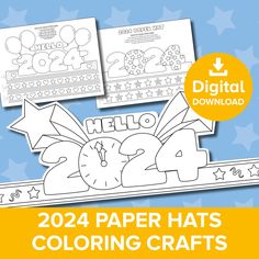 two paper hats with numbers and stars on them for the new year's coloring pages