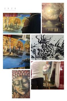 several different paintings are shown in this collage with one person working on the painting