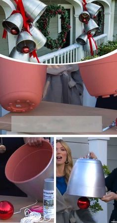 the instructions for how to make christmas bells out of plastic buckets are shown here