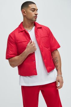 Aston Nylon Puffer Cropped Short Sleeve Shirt - Light Blue | Fashion Nova, Mens Jackets | Fashion Nova Solid Color Short Sleeve Summer Outerwear, Winter Nylon Tops With Pockets, Red Shirt For Spring Streetwear, Red Streetwear Shirt For Spring, Casual Red Collared Outerwear, Casual Nylon Tops For Streetwear, Red Relaxed Fit Outerwear For Streetwear, Spring Nylon Short Sleeve Tops, Fall Nylon Tops With Pockets