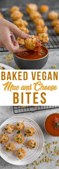 baked vegan macaroni and cheese bites on a plate with sauce in the background