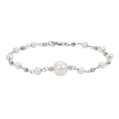 "This beautiful sterling silver freshwater cultured pearl bead bracelet is the perfect way to add a gorgeous new element to your daily look. This beautiful sterling silver freshwater cultured pearl bead bracelet is the perfect way to add a gorgeous new element to your daily look. Length: 7.5 in. Clasp: lobster-claw Metal: sterling silver Plating: rhodium Finish: polished, diamond-cut Packaging: boxedCULTURED PEARL DETAILS Type: freshwater Size: 4 mm - 4.5 mm & 8 mm - 9 mm Shape: near-round C Sterling Silver Bracelets With Pearl Drop And Round Beads, Pearl Drop Sterling Silver Bracelet With Round Beads, Elegant Sterling Silver Beaded Bracelets, Elegant Sterling Silver Beads Bracelet, Elegant Pearl Bracelet With Silver Beads, White Gold Pearl Bracelets With Round Beads, Elegant Polished Pearl Bracelet, Elegant Pearl Bracelet With Polished Beads, Sterling Silver Beaded Bracelets With Pearl Charm