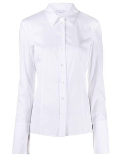 White cotton and polyamide-blend classic button-up shirt from Patrizia Pepe featuring classic collar, front button fastening, long sleeves and straight hem. Surprise Dance Outfits, Campus Fashion, White Dress Shirt, White Collared Shirt, Johns Hopkins University, White Button Down Shirt, White Button Up, White Shirt Dress, College Outfits