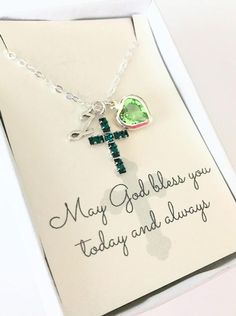 Crystal Cross Pendant - Cross Necklace - Emerald - Peridot - May - First Communion Gift - Gift for G Personalized Silver Necklaces For Special Day, Customizable Necklaces For May Birthstone Birthday, Customizable Necklace For Birthday With May Birthstone, Customizable Necklaces For Birthdays With May Birthstone, Silver May Birthstone Necklace For Wedding, Silver Birthstone Charm Necklace For Weddings, Silver Charm Necklace With Birthstone For Wedding, Silver Birthstone Charm Necklaces For Weddings, Silver Charm Necklaces With Birthstone For Wedding