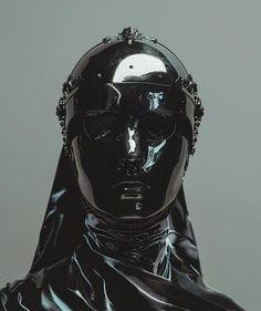 a black mannequin wearing a helmet with spikes on it's head and eyes