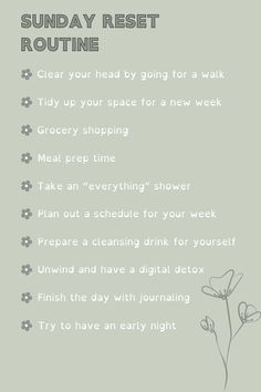 This is my little Sunday routine which prepares me for a new week! Remember it's ok if we can't get everything done. Sunday reset, Sunday reset routine, healthy lifestyle, week prep, lifestyle, new lifestyle, lifestyle routine, sunday routine, routine, mental health, self care, selfcare, self-care routine, relax, sunday relax, green, green aesthetic, downtime, relaxing routine, preparation, week reset, reset routine, 2024, new year, new year routine, journaling, wellness, well-being New Year Reset Checklist, Relaxing Routine, Weekly Reset Routine, Reset Sunday, Bible Journal Prompts, Christian Habits