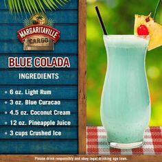 a menu for margarita blue cola with pineapple and cherries on the top, next to a tall glass filled with ice