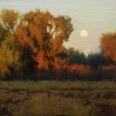 an oil painting of trees with the moon in the background