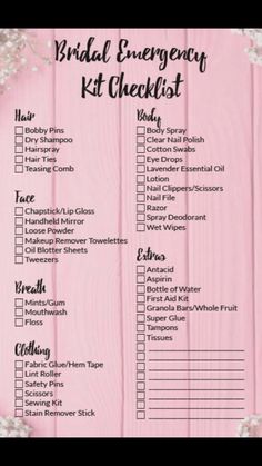 the bridal emergency kit checklist is shown on a pink wood background with flowers