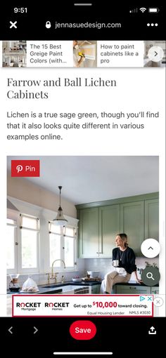 an image of a woman sitting on the kitchen counter in her home with text reading, farrow and ball lichen cabinets