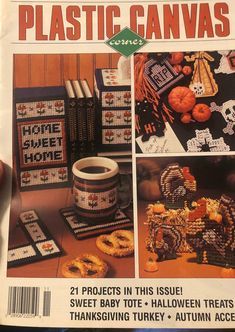 the front cover of plastic canvass magazine with pictures of pumpkins and other items