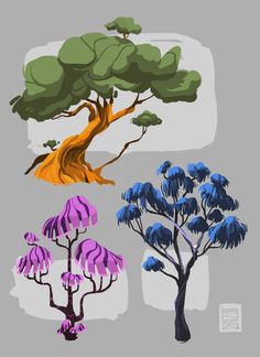 four different types of trees on a gray background