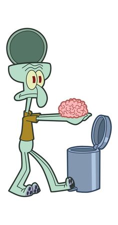 a cartoon character holding a plate with a brain on it and a trash can in the background