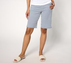 It's time to savor the summertime vibes in these seersucker Bermuda shorts (made with a touch of stretch!). From Quacker Factory®. High-waisted Cotton Bermuda Shorts With Elastic Waistband, Knee-length Bermuda Shorts With Elastic Waistband, Summer Bermuda Shorts With Built-in Shorts, 5-inch Inseam, Blue Cotton Knee-length Bermuda Shorts, Casual Bermuda Moisture-wicking Shorts, Summertime Vibes, Bermuda Short, Bermuda Shorts, Short Pants