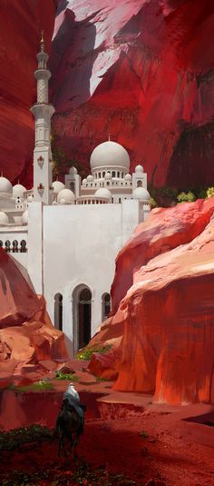 an artistic painting of a white building surrounded by red rocks and mountains in the desert