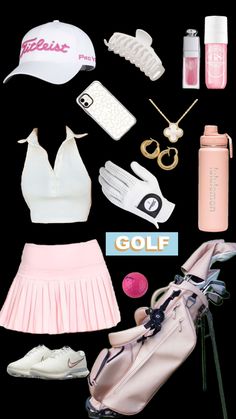 the contents of a women's tennis outfit laid out on a black background with text that reads, golf