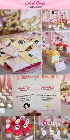 a pink and gold movie night party with cupcakes, popcorn boxes, and candy