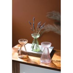 three glass vases sitting on top of a wooden table next to a book and plant