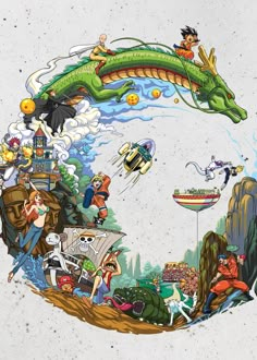 an image of a dragon flying through the air with people around it and other things in the background