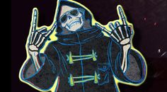 a sticker depicting a skeleton wearing a hooded jacket and holding two fingers up in the air