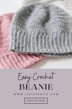 two crocheted beanies with text overlay that says easy crochet beanie