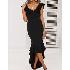 Black Mermaid Hem Ruffle Sleeveless High Low Evening Dress Fitted Sleeveless Maxi Dress With Ruffle Hem, Black Mermaid Hem Dress For Summer, Sleeveless Maxi Dress With Ruffle Hem For Date Night, Black Fishtail Dress With Ruffles, Fishtail Dresses With Ruffles For Night Out, High Low Evening Dresses, Black Mermaid, Midi Sheath Dress, Dresses Evening