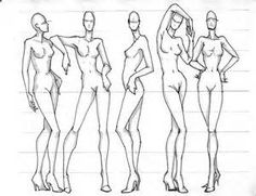 a drawing of three female mannequins in various poses