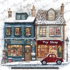 a drawing of a toy shop in the snow